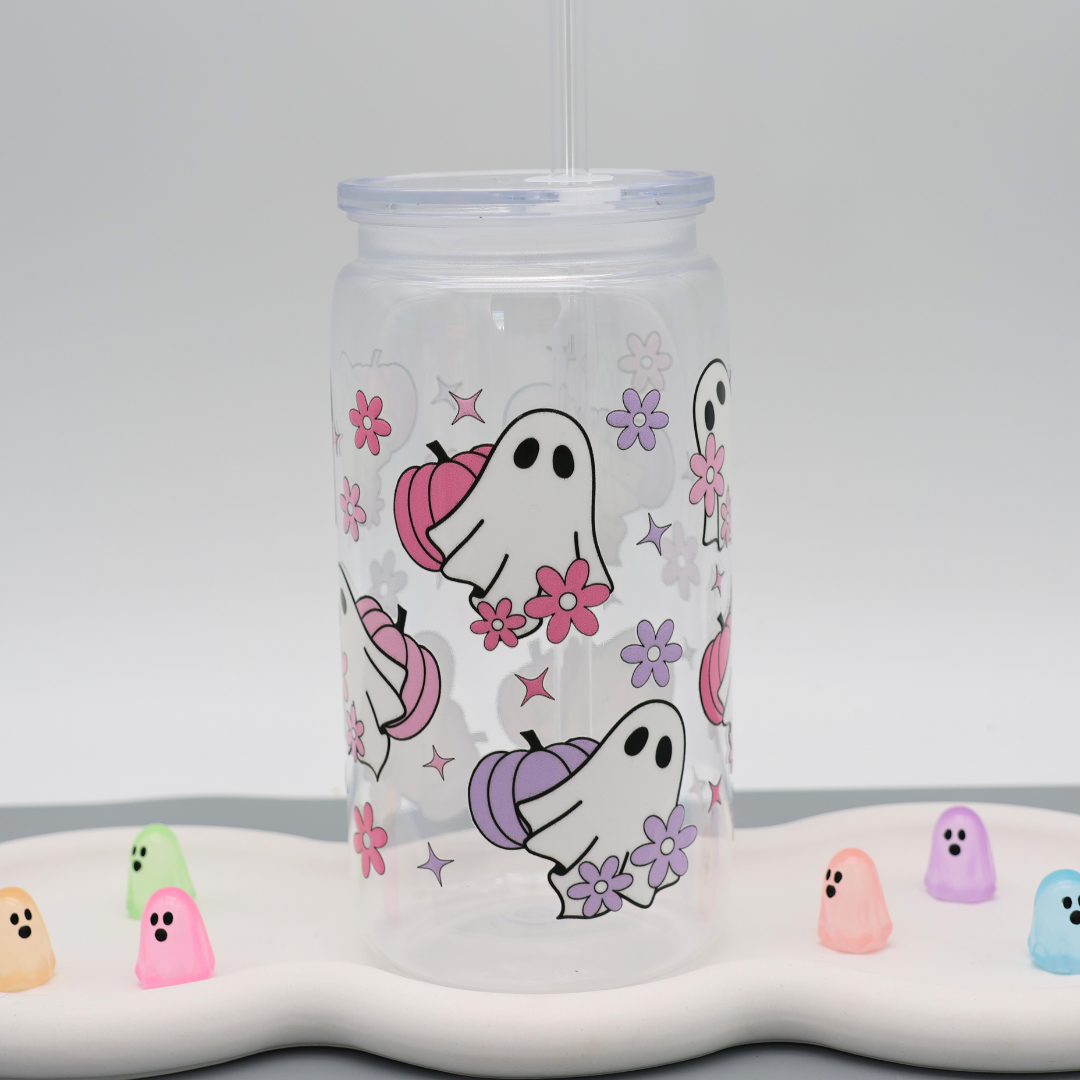 Plastikbecher mit Strohhalm - Pumpkin Ghost