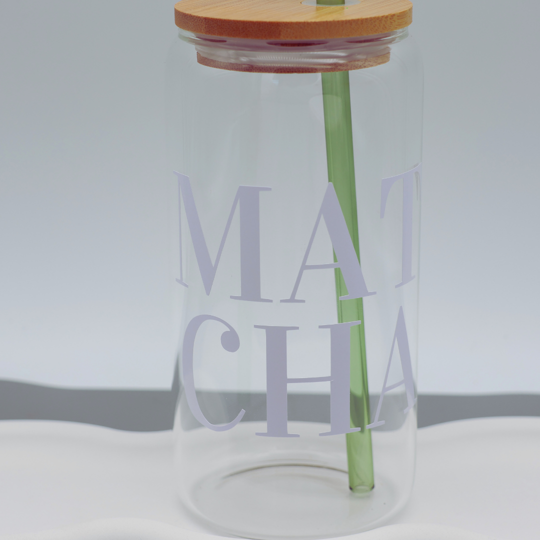 MATCHA | Trinkglas 500 ml | Strohhalm + Deckel