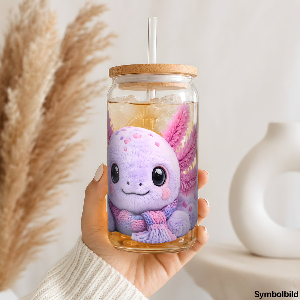 Plüsch-Axolotl-Aufkleber auf einem 16oz Glasbecher