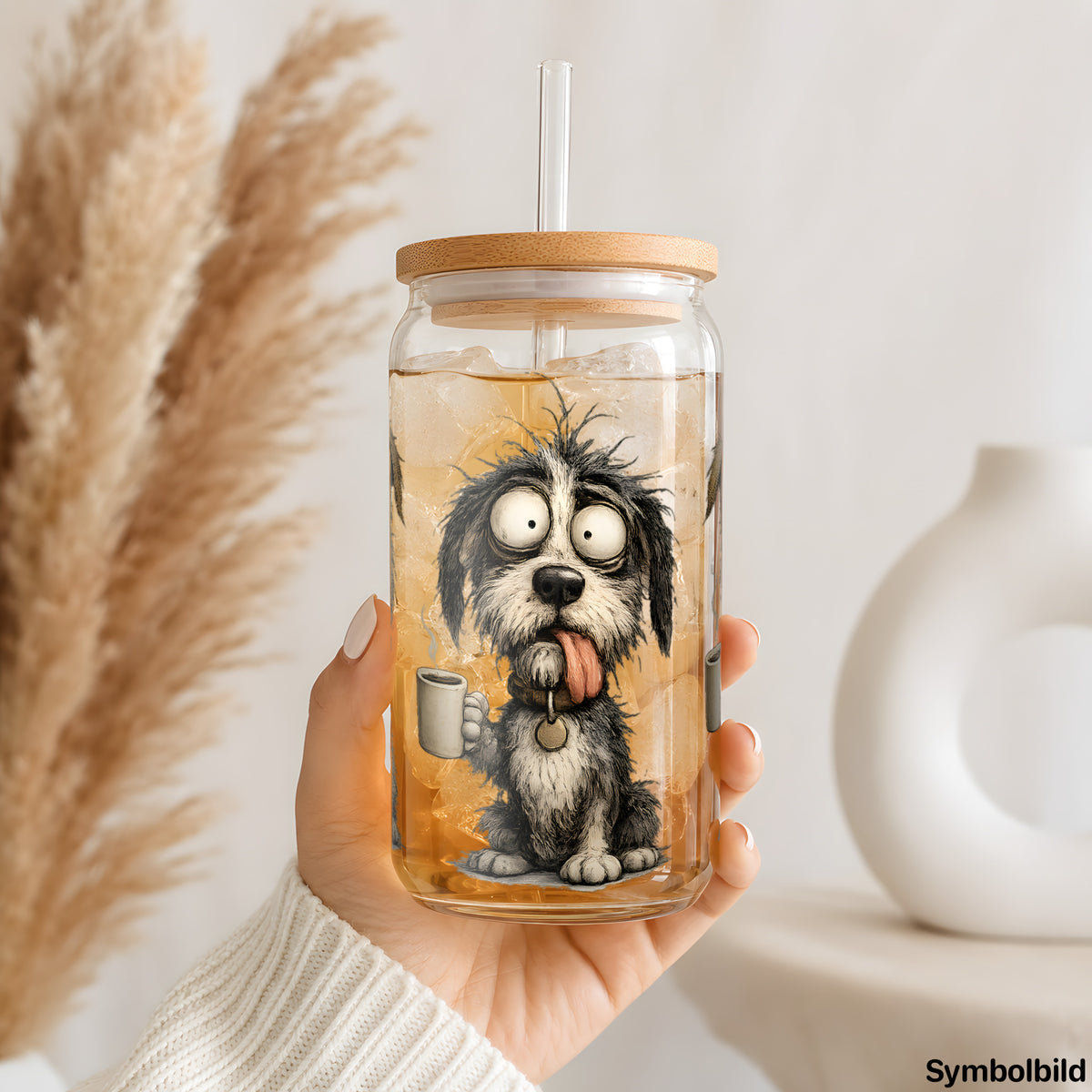 Kaffeehunde-Aufkleber auf einem 16oz Glasbecher