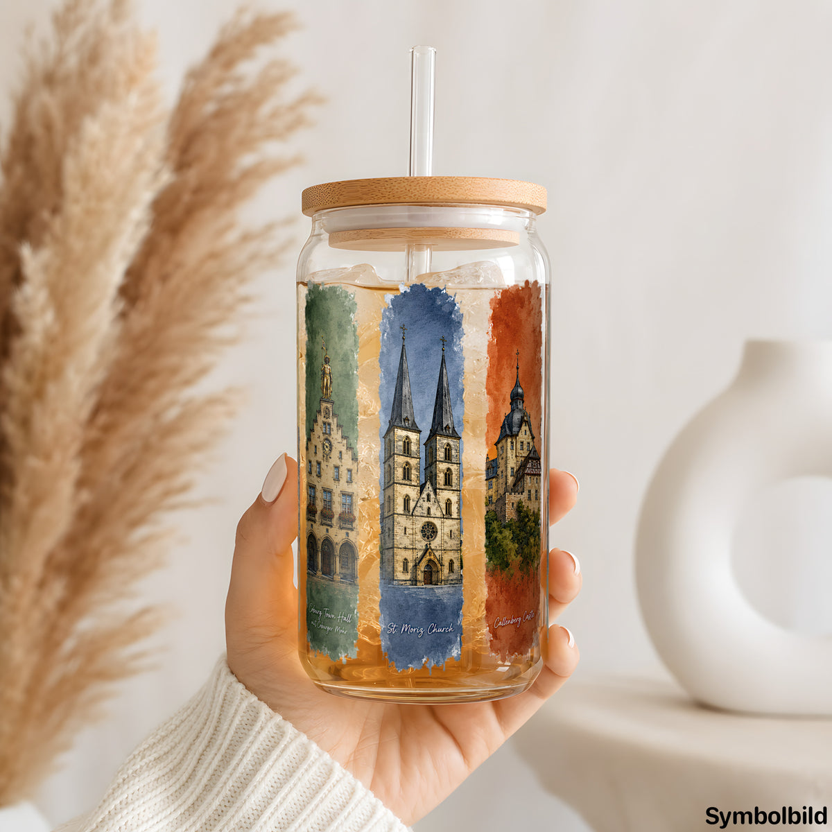 Becher-Aufkleber „Coburg in Streifen“ auf einem 16oz Glasbecher