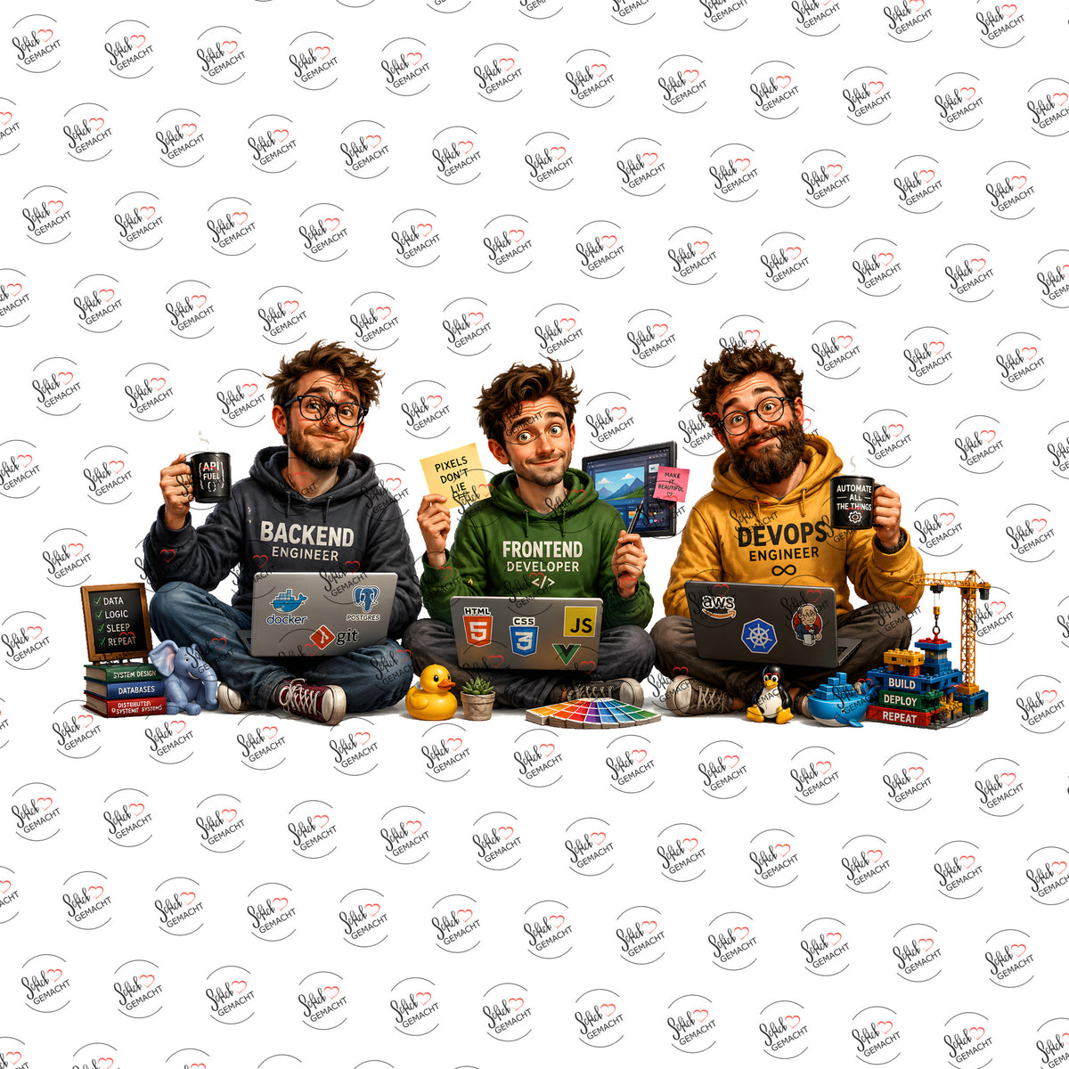 Entwickler-Trio als Rub-on-Sticker, einzeln
