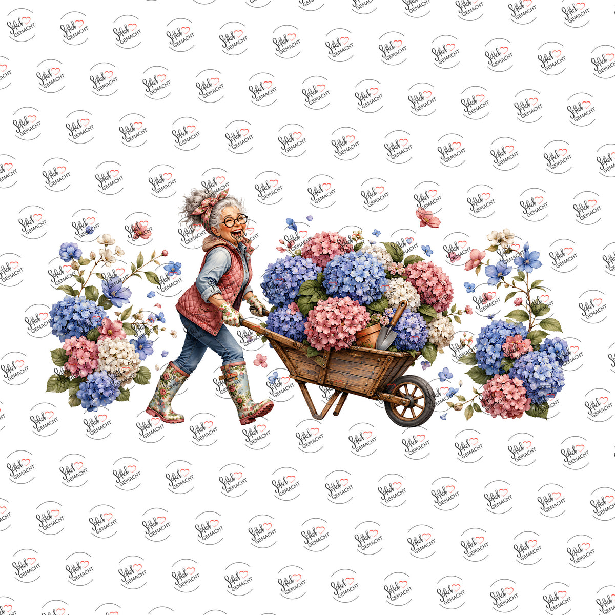 Hortensien in der Schubkarre als Rub-on-Sticker, einzeln