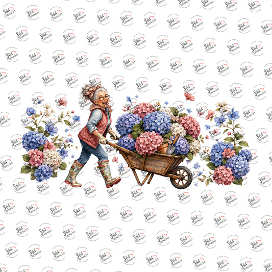 Hortensien in der Schubkarre als Rub-on-Sticker, einzeln