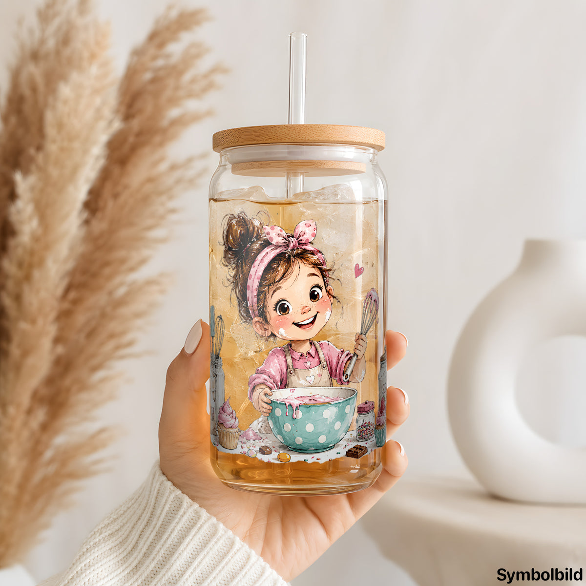 Becher-Aufkleber „Kleine Bäckerin“ auf einem 16oz Glasbecher