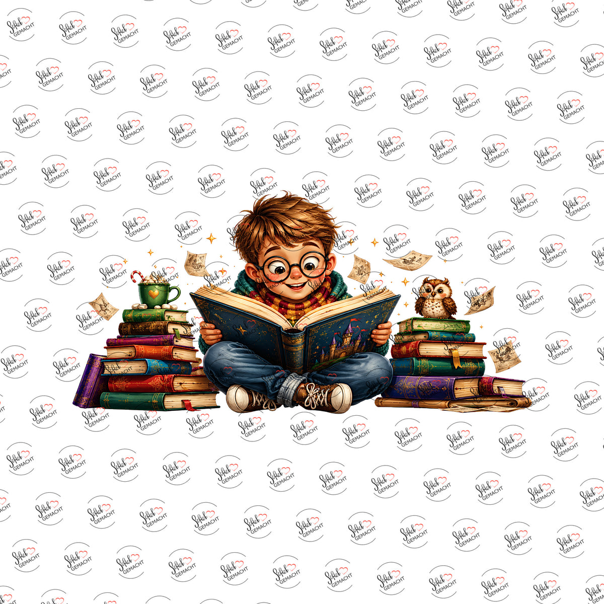 Junge im Bücherstapel als Rub-on-Sticker, einzeln