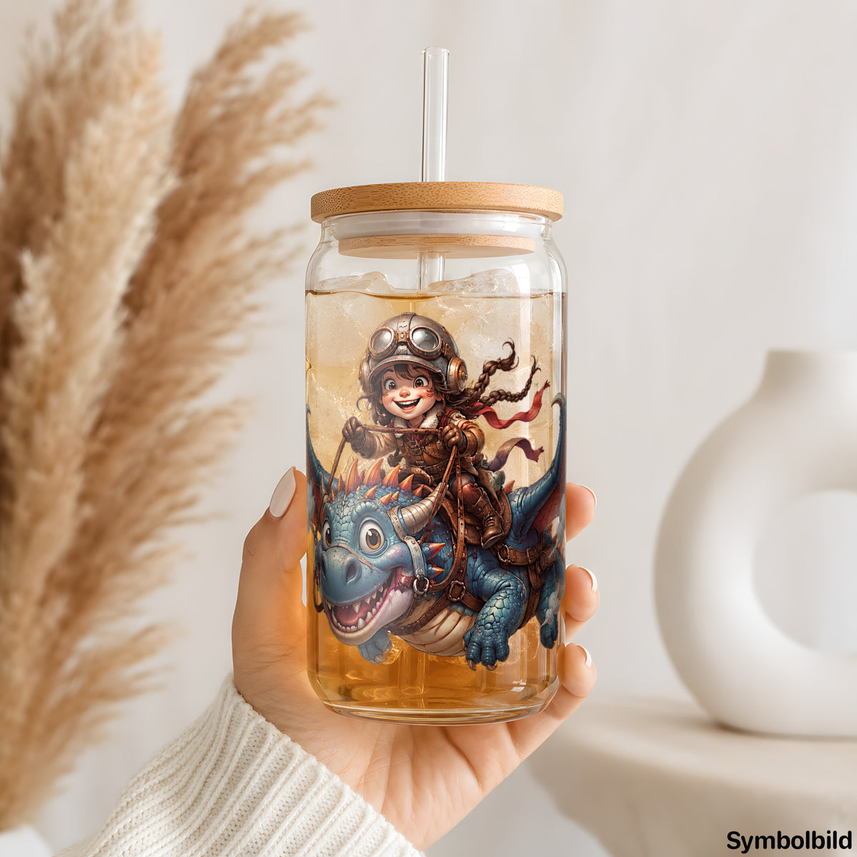 Drachenreiter-Aufkleber auf einem 16oz Glasbecher