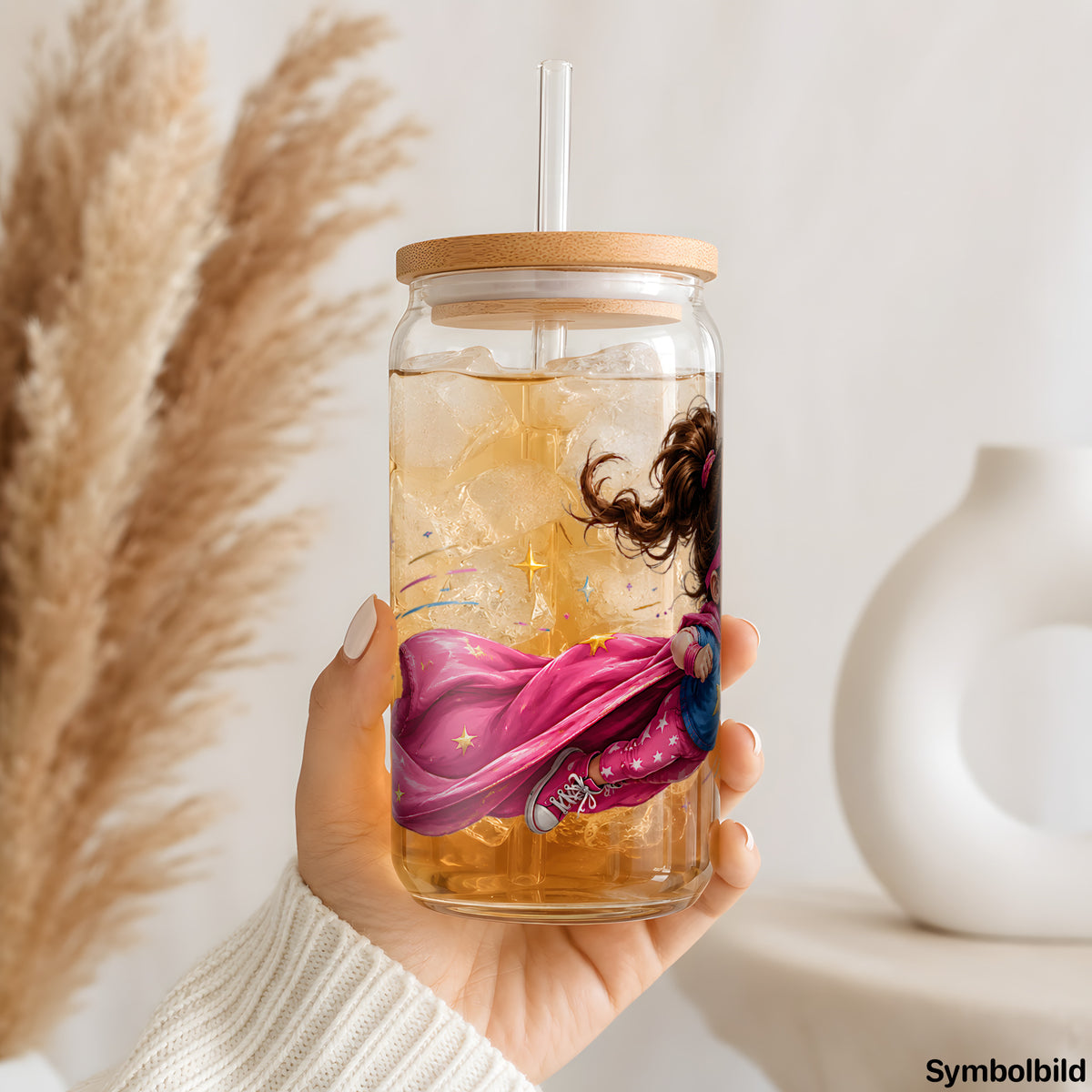 Becher-Aufkleber „Superheldin im Anflug“ auf einem 16oz Glasbecher