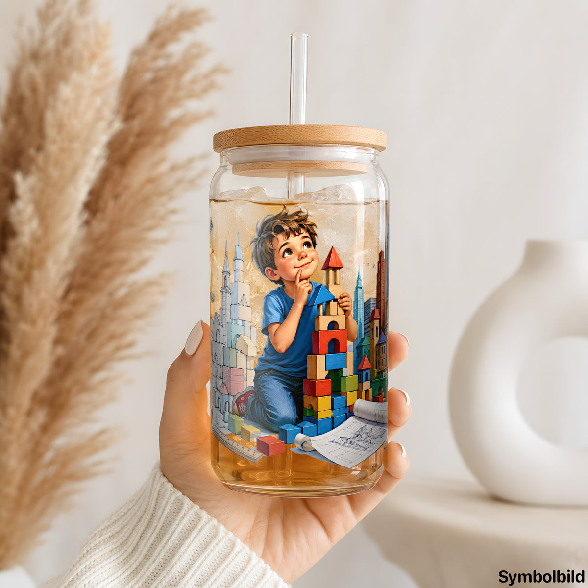 Becher-Aufkleber „Kleiner Baumeister“ auf einem 16oz Glasbecher