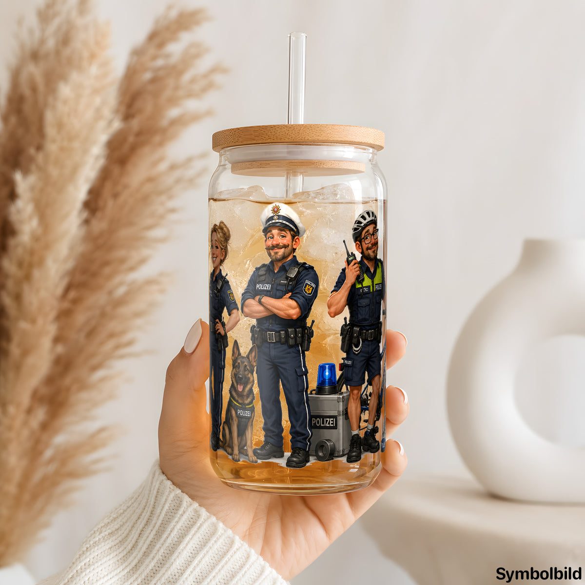 Becher-Aufkleber „Polizei-Trio im Dienst“ auf einem 16oz Glasbecher