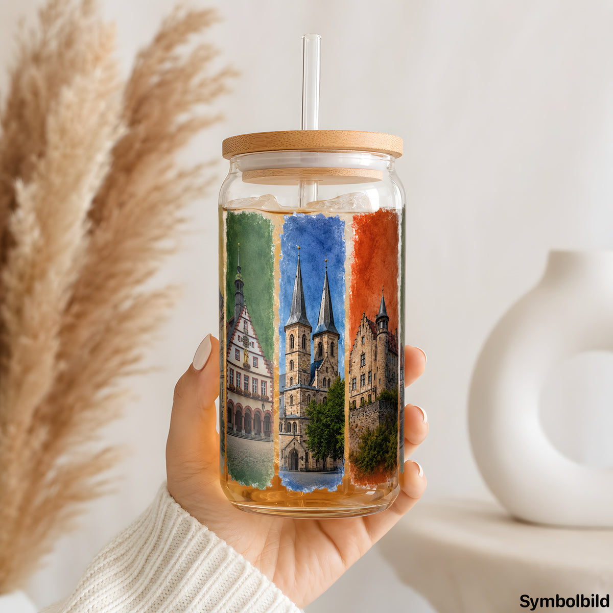 Becher-Aufkleber „Coburger Ansichten“ auf einem 16oz Glasbecher