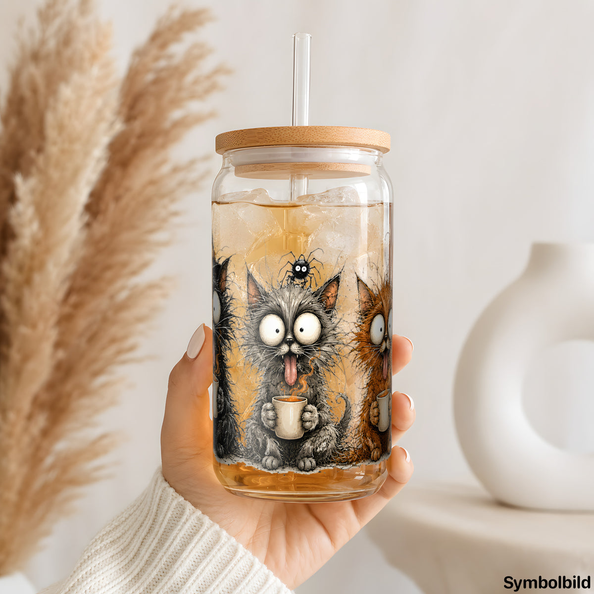 Kaffeekatzen-Aufkleber auf einem 16oz Glasbecher
