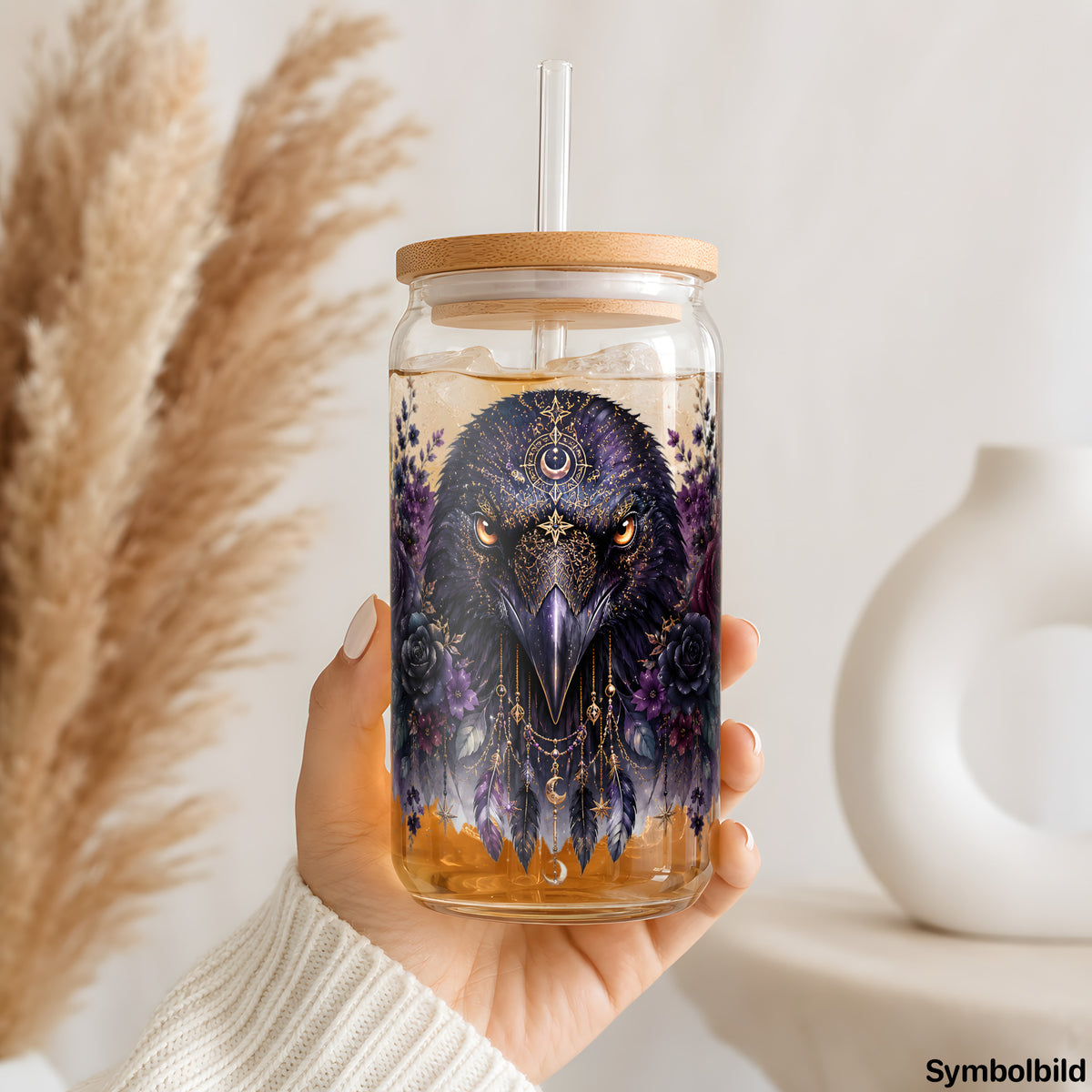 Becher-Aufkleber „Rabe im Blütenschmuck“ auf einem 16oz Glasbecher