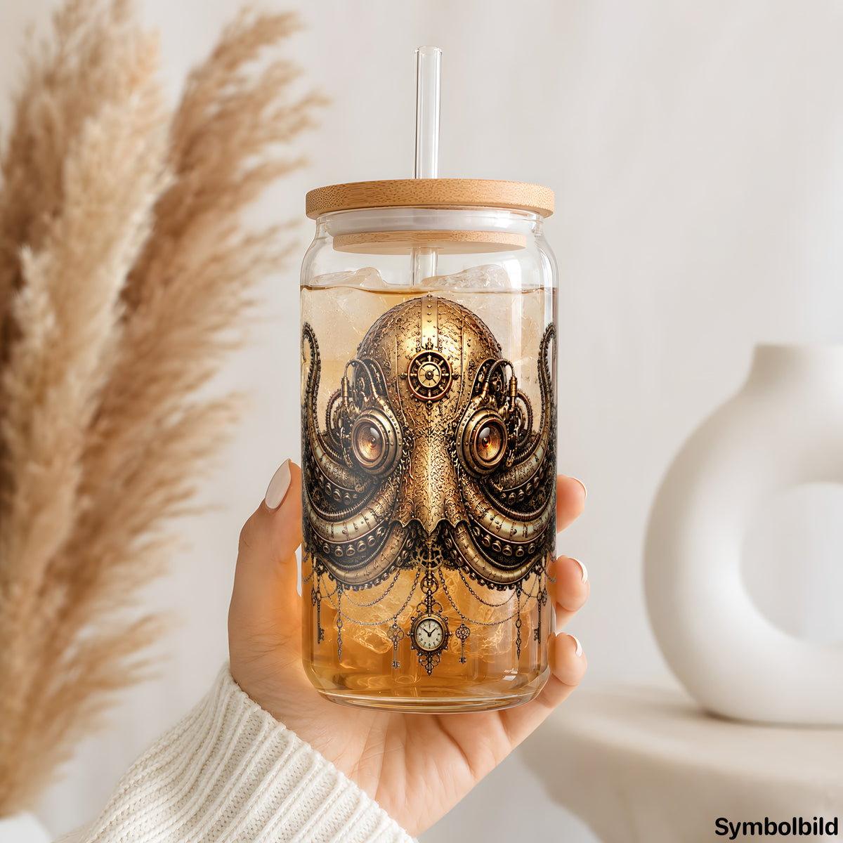 Steampunk-Krake-Aufkleber auf einem 16oz Glasbecher