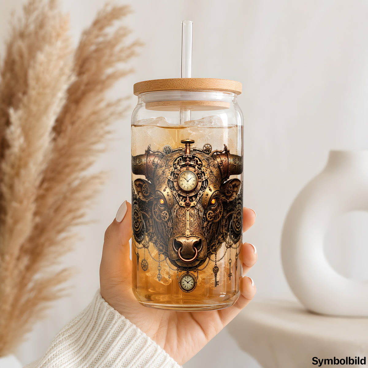 Steampunk-Stier-Aufkleber auf einem 16oz Glasbecher