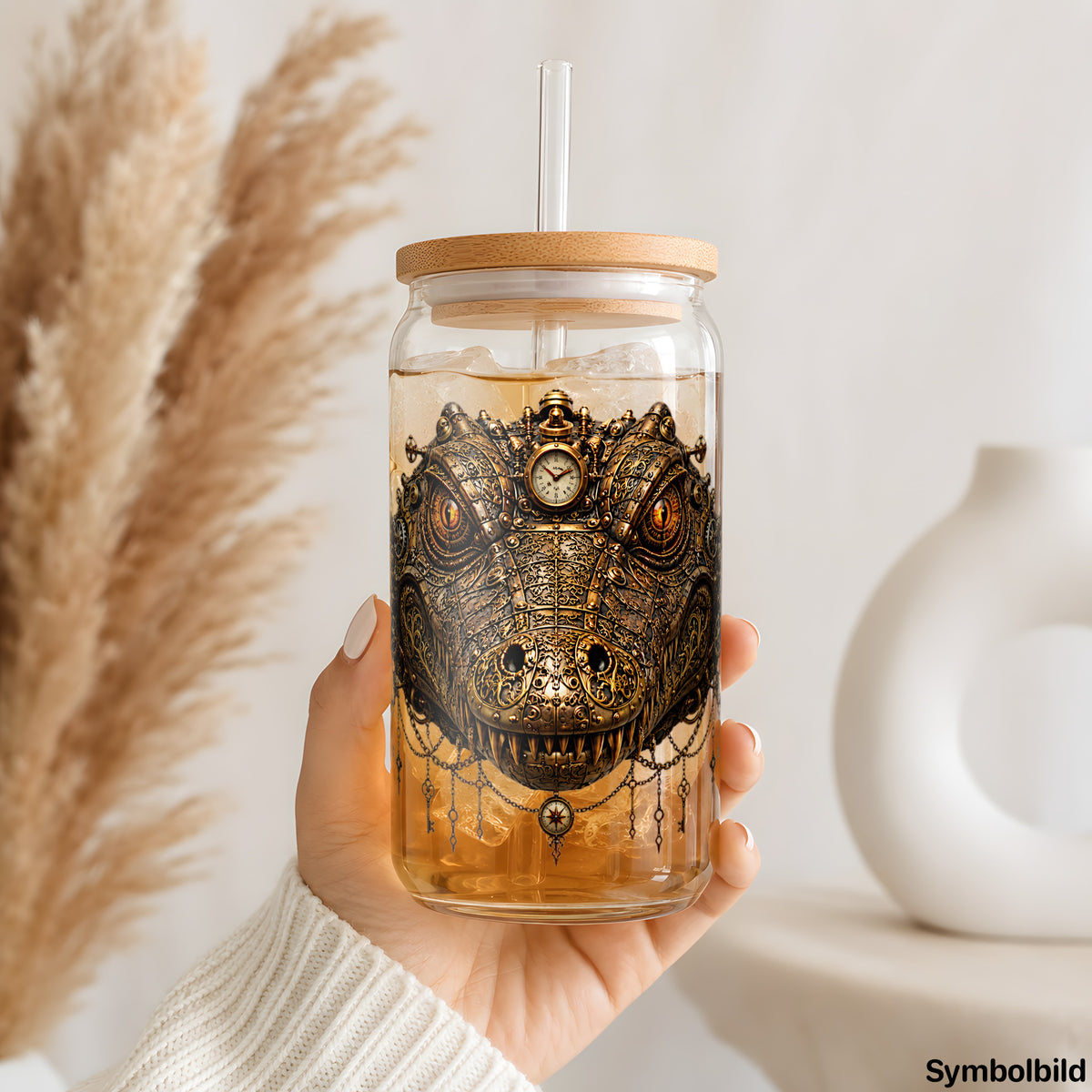 Steampunk-Krokodil-Aufkleber auf einem 16oz Glasbecher