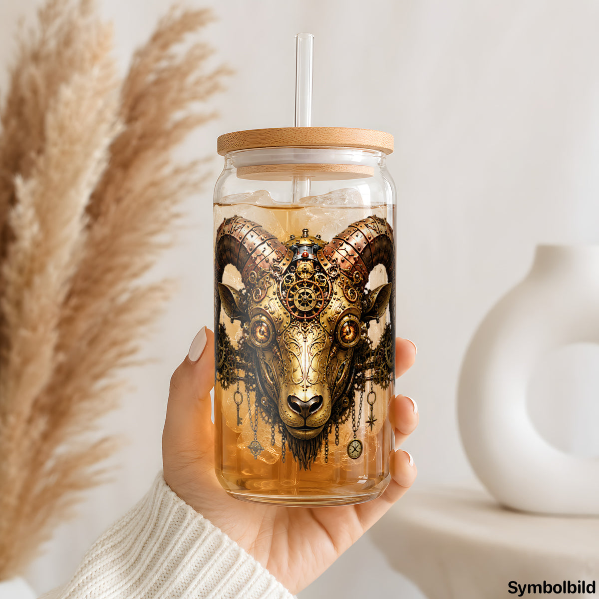 Steampunk-Widder-Aufkleber auf einem 16oz Glasbecher