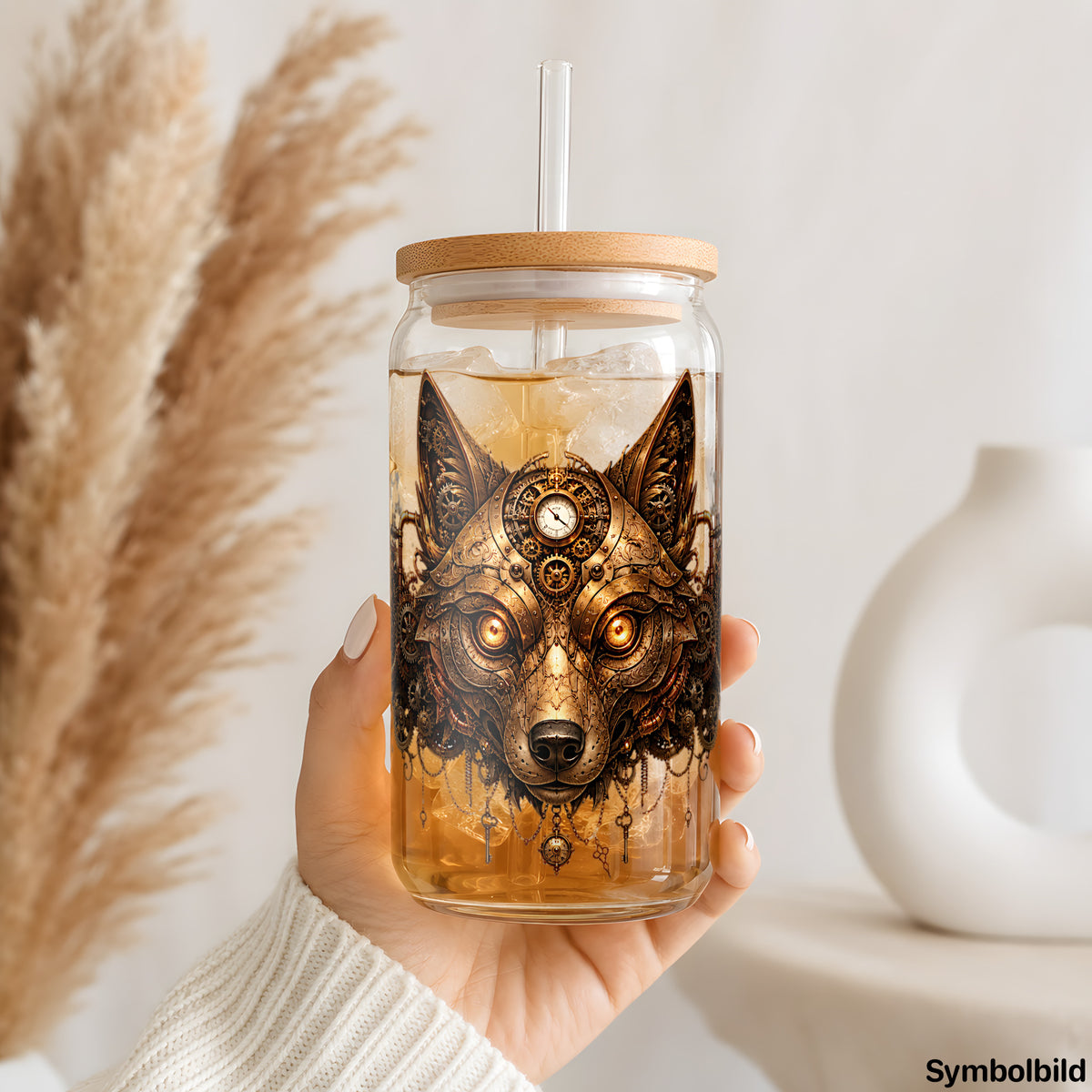 Steampunk-Wolf-Aufkleber auf einem 16oz Glasbecher