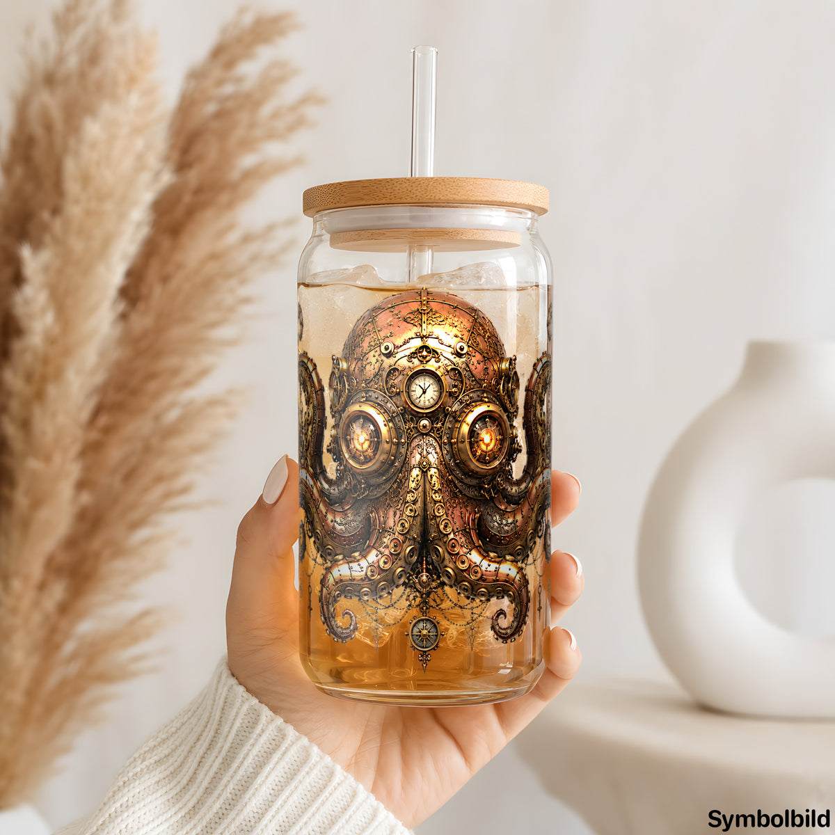 Steampunk-Oktopus-Aufkleber auf einem 16oz Glasbecher