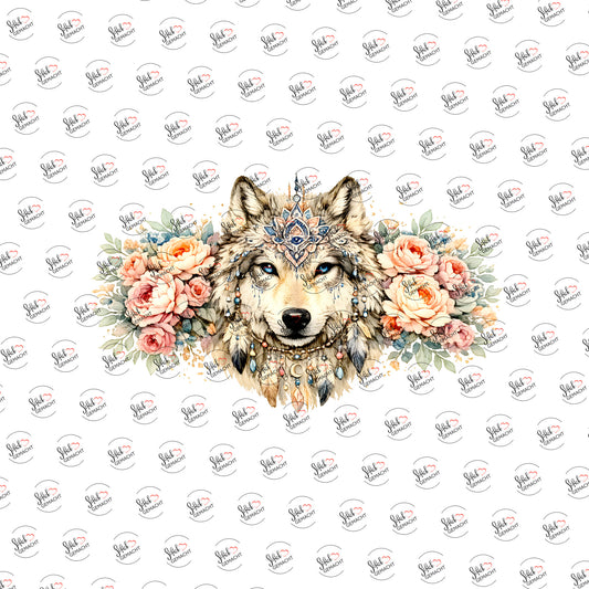 Wolf mit Pfingstrosen als Rub-on-Sticker, einzeln