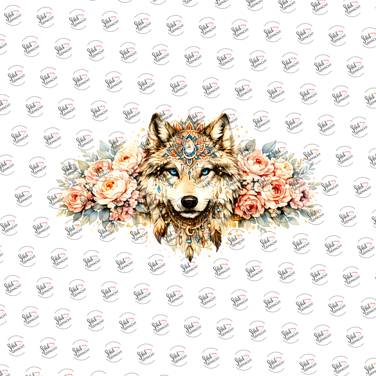Wolf im Blütenkranz als Rub-on-Sticker, einzeln