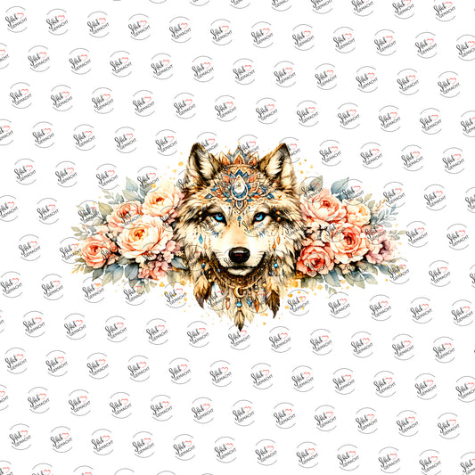Wolf im Blütenkranz als Rub-on-Sticker, einzeln
