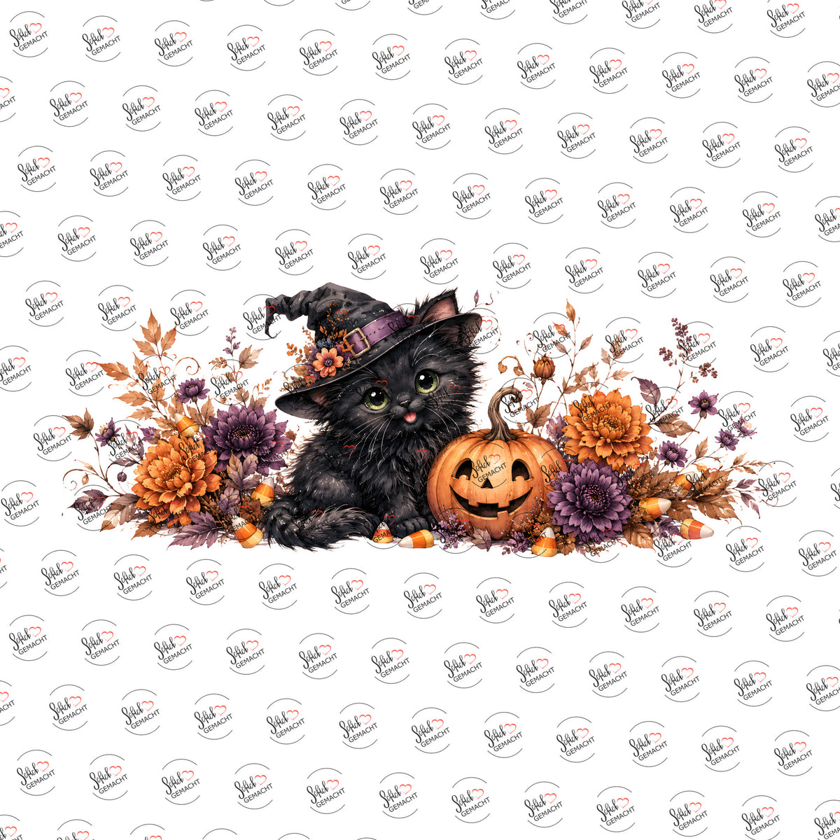 Hexenkatze mit Kürbis als Rub-on-Sticker, einzeln