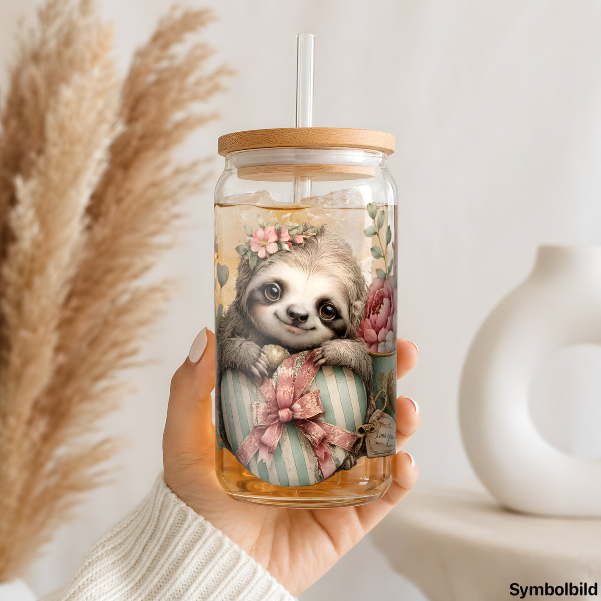 Becher-Aufkleber „Faultier mit Herzgeschenk“ auf einem 16oz Glasbecher