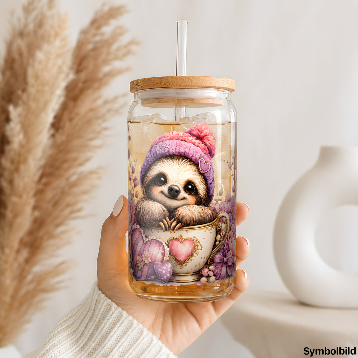 Becher-Aufkleber „Faultier mit Wintermütze“ auf einem 16oz Glasbecher