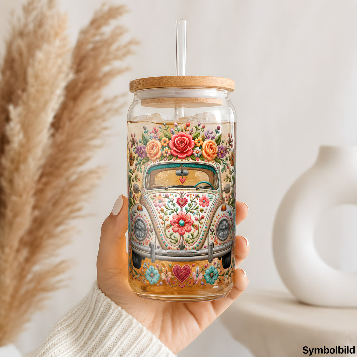 Becher-Aufkleber „Käfer im Blütenmeer“ auf einem 16oz Glasbecher