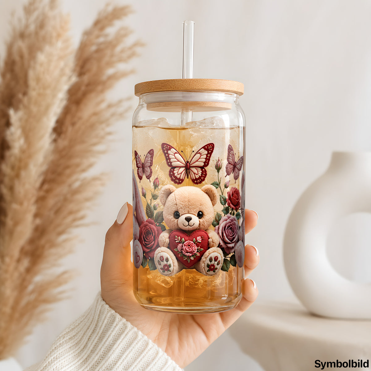 Becher-Aufkleber „Plüschtiere mit Rosen“ auf einem 16oz Glasbecher