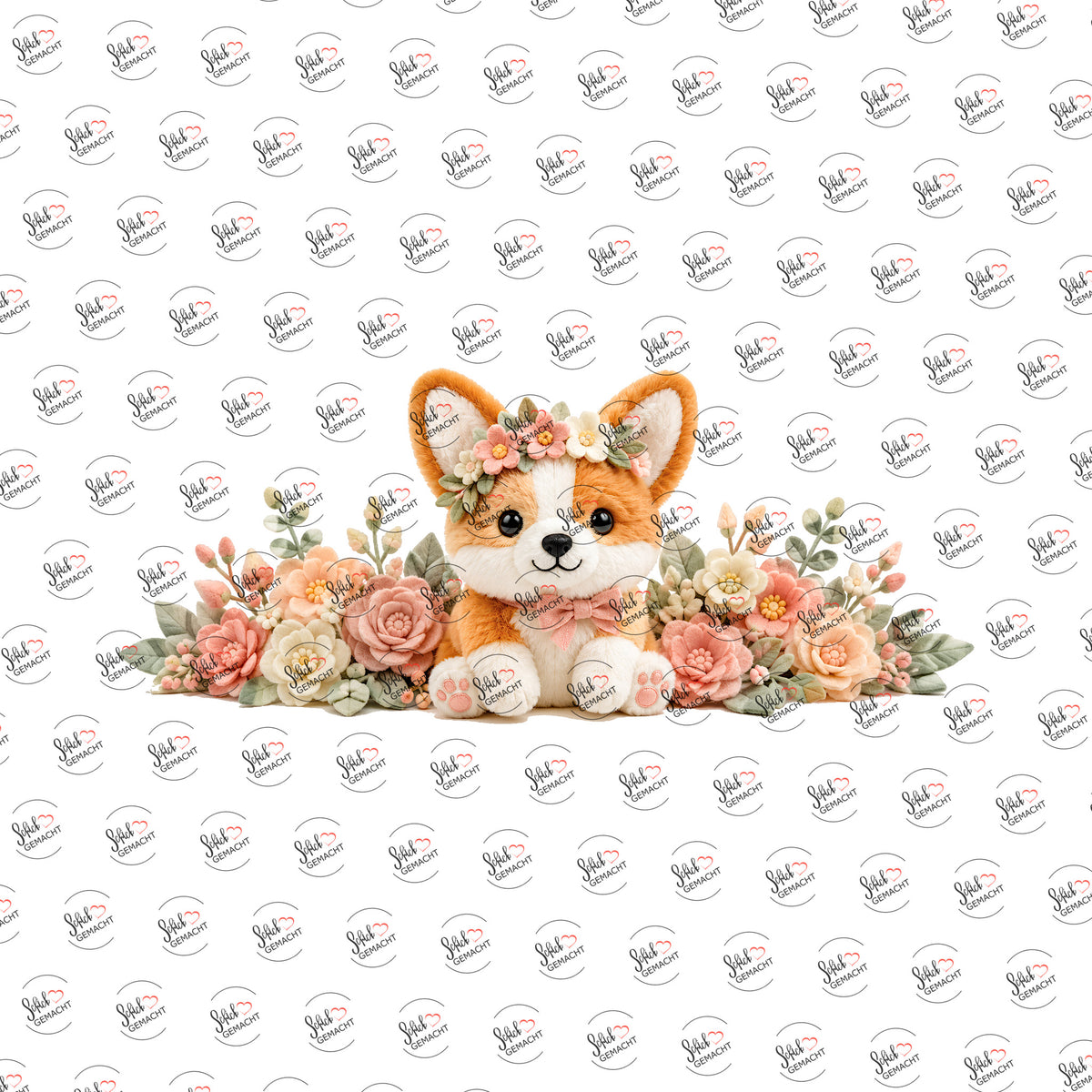 Corgi in Pastellblüten als Rub-on-Sticker, einzeln