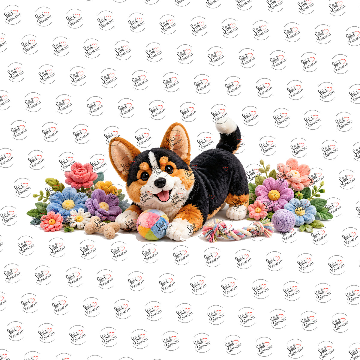 Plüsch-Corgi beim Spielen als Rub-on-Sticker, einzeln