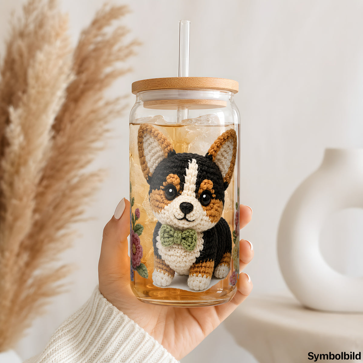 Becher-Aufkleber „Häkel-Corgi im Blumenbeet“ auf einem 16oz Glasbecher
