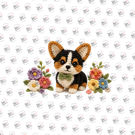 Häkel-Corgi im Blumenbeet als Rub-on-Sticker, einzeln