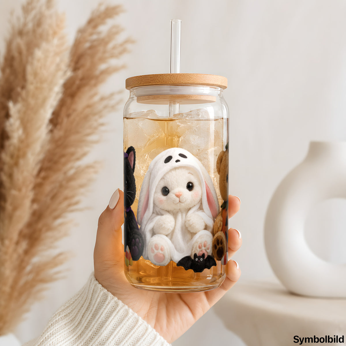 Becher-Aufkleber „Plüsch-Trio zu Halloween“ auf einem 16oz Glasbecher