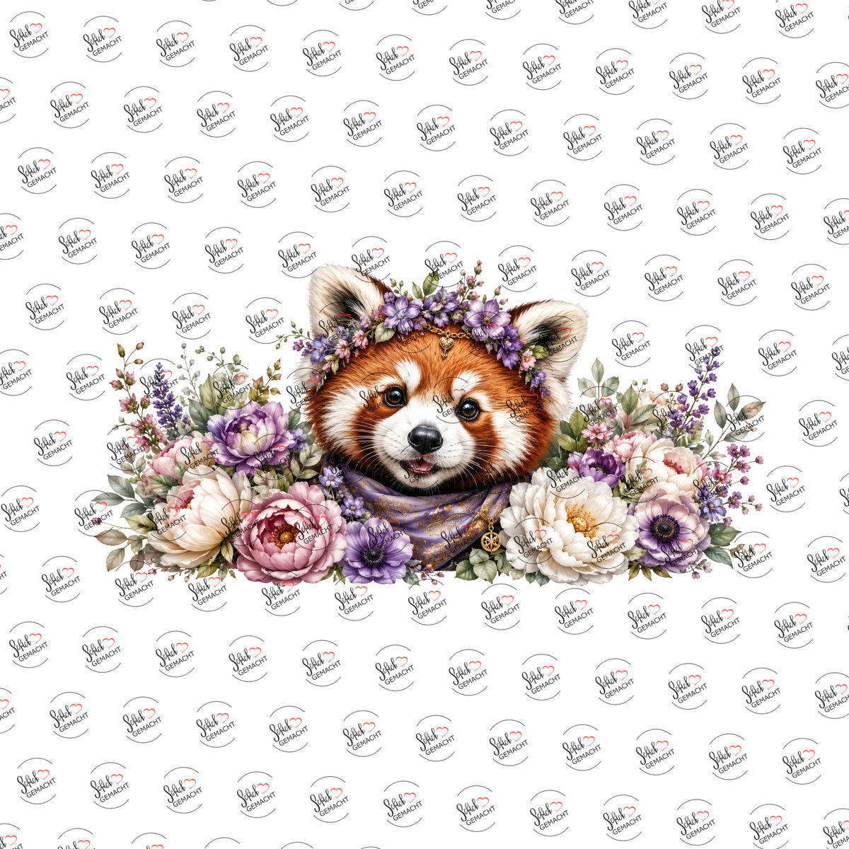 Roter Panda mit Blütenkranz als Rub-on-Sticker, einzeln