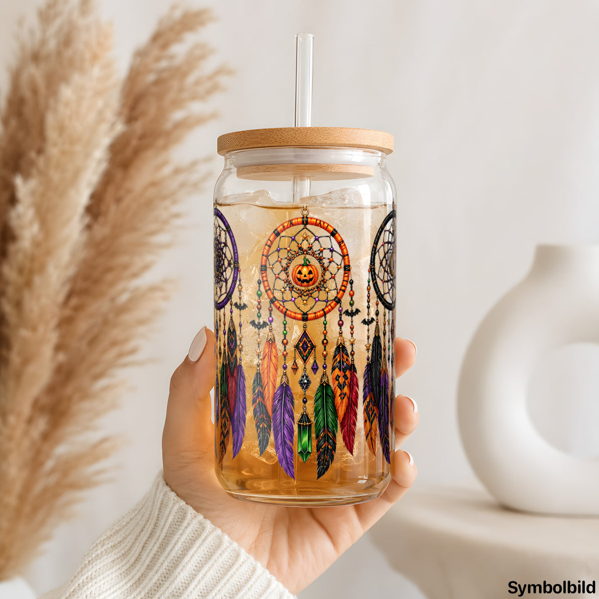 Becher-Aufkleber „Traumfänger in Herbstfarben“ auf einem 16oz Glasbecher