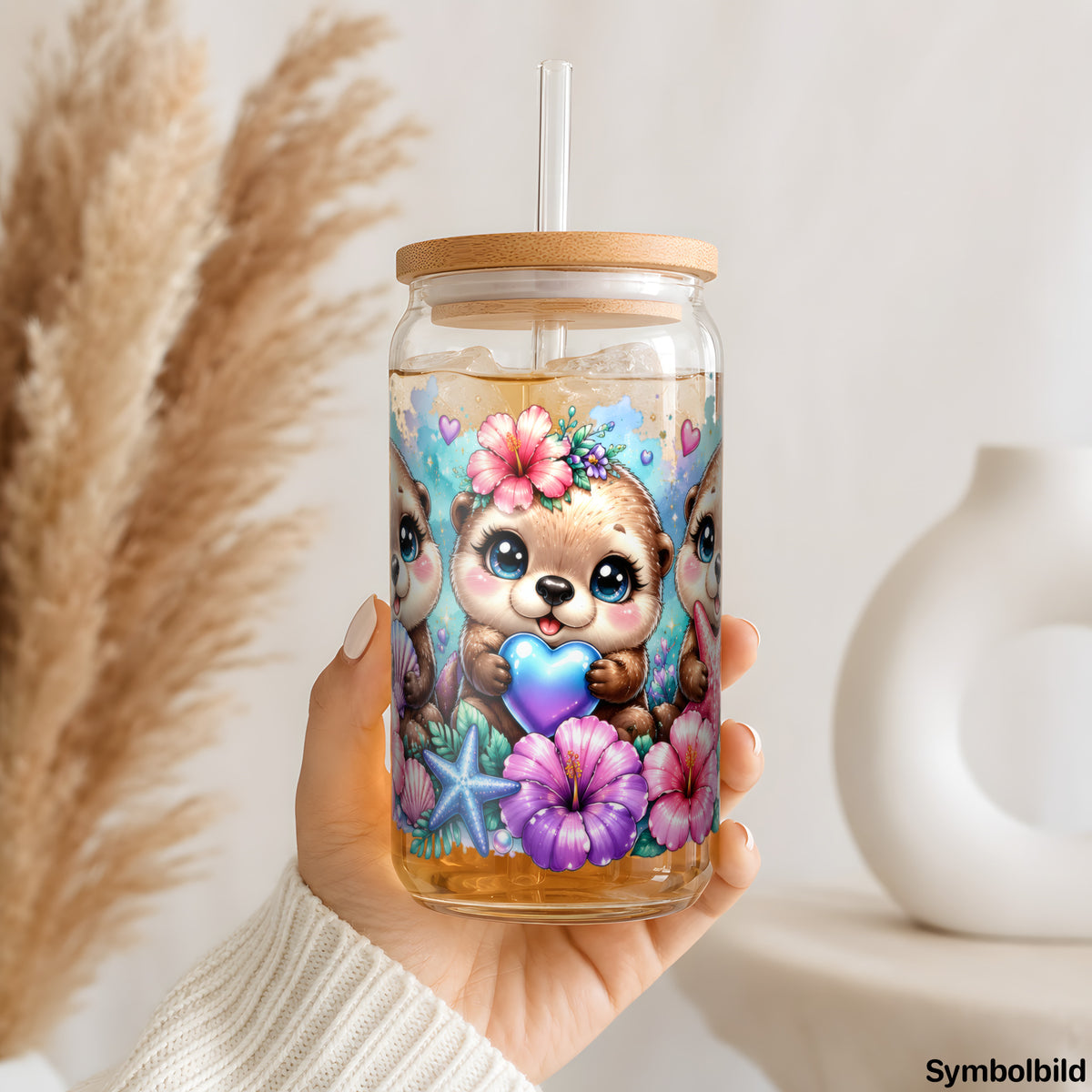 Becher-Aufkleber „Otter im Blumenmeer“ auf einem 16oz Glasbecher