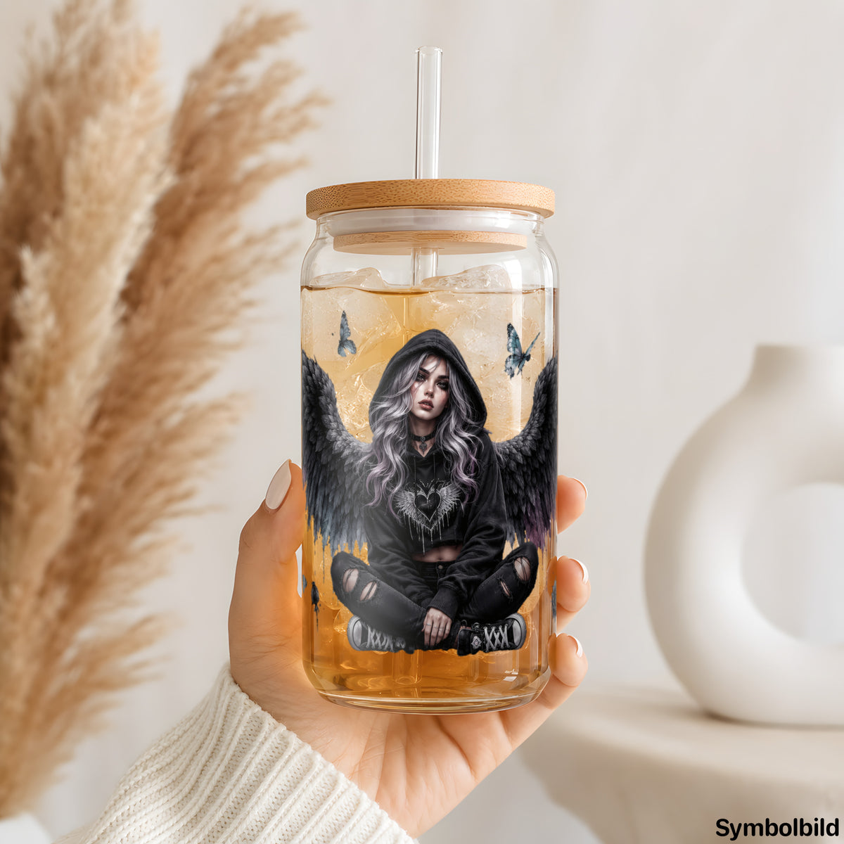 Becher-Aufkleber „Dunkler Engel mit Kapuze“ auf einem 16oz Glasbecher