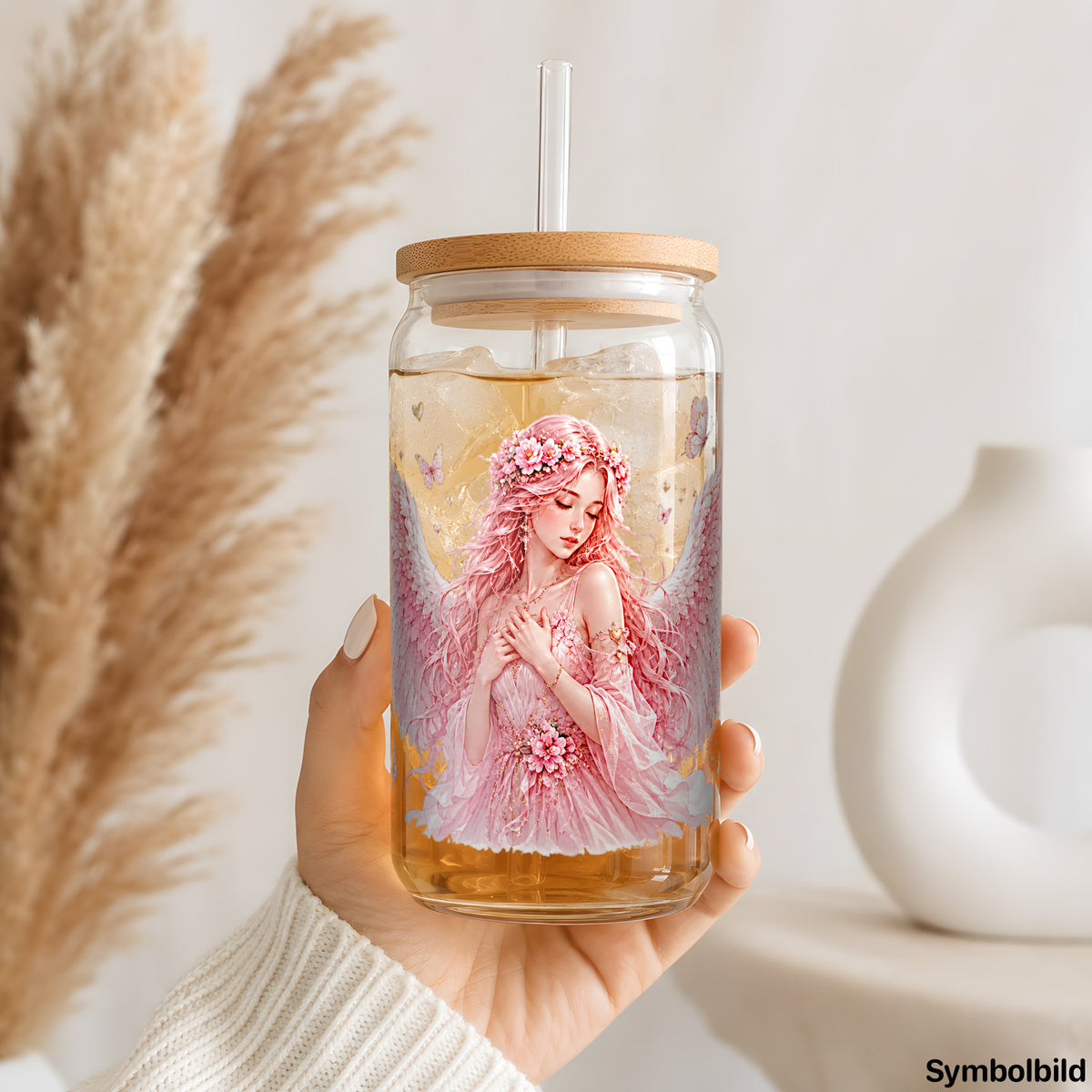 Becher-Aufkleber „Engel in Rosenrosa“ auf einem 16oz Glasbecher
