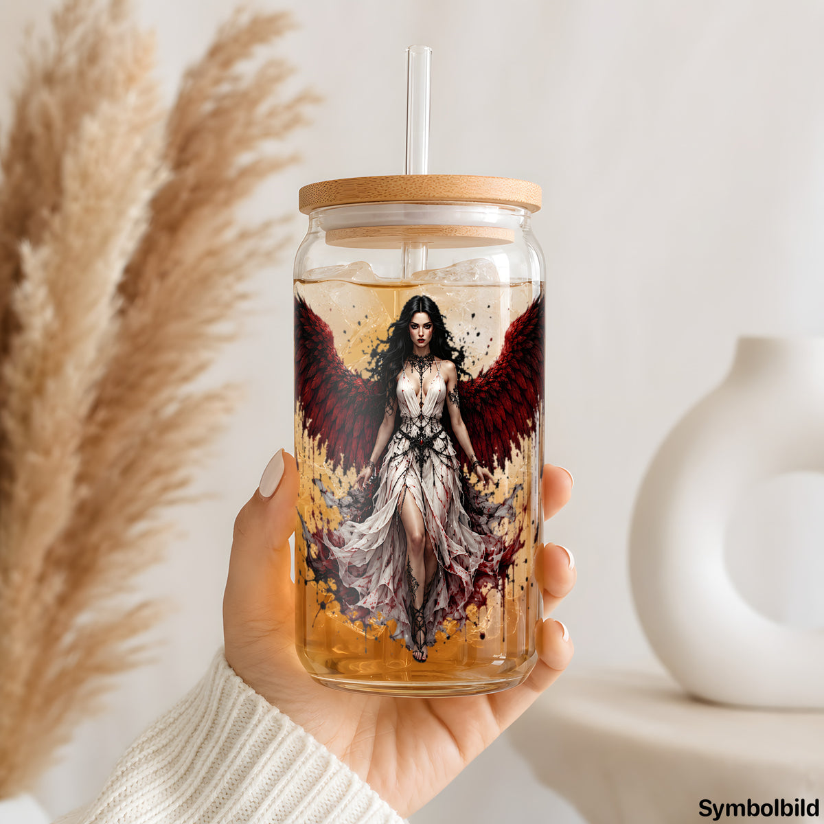 Becher-Aufkleber „Engel in Blutrot“ auf einem 16oz Glasbecher