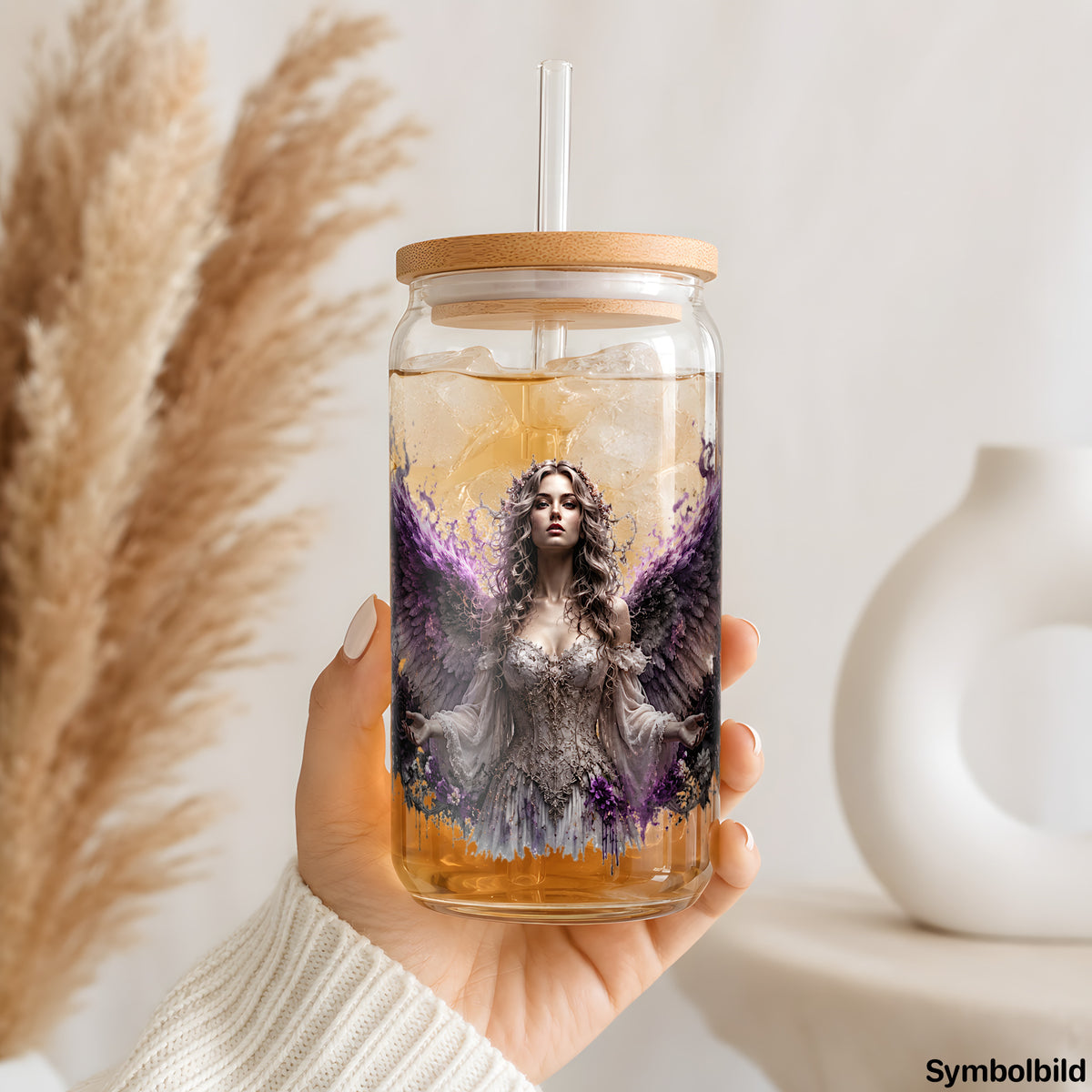 Becher-Aufkleber „Engel aus Blüten“ auf einem 16oz Glasbecher