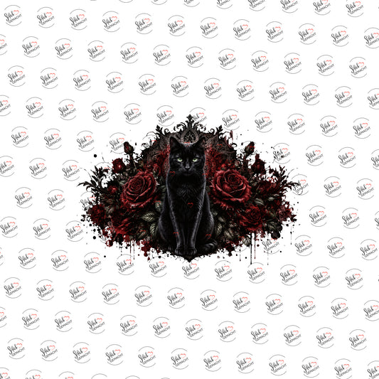 Schwarze Katze in dunklen Rosen als Rub-on-Sticker, einzeln