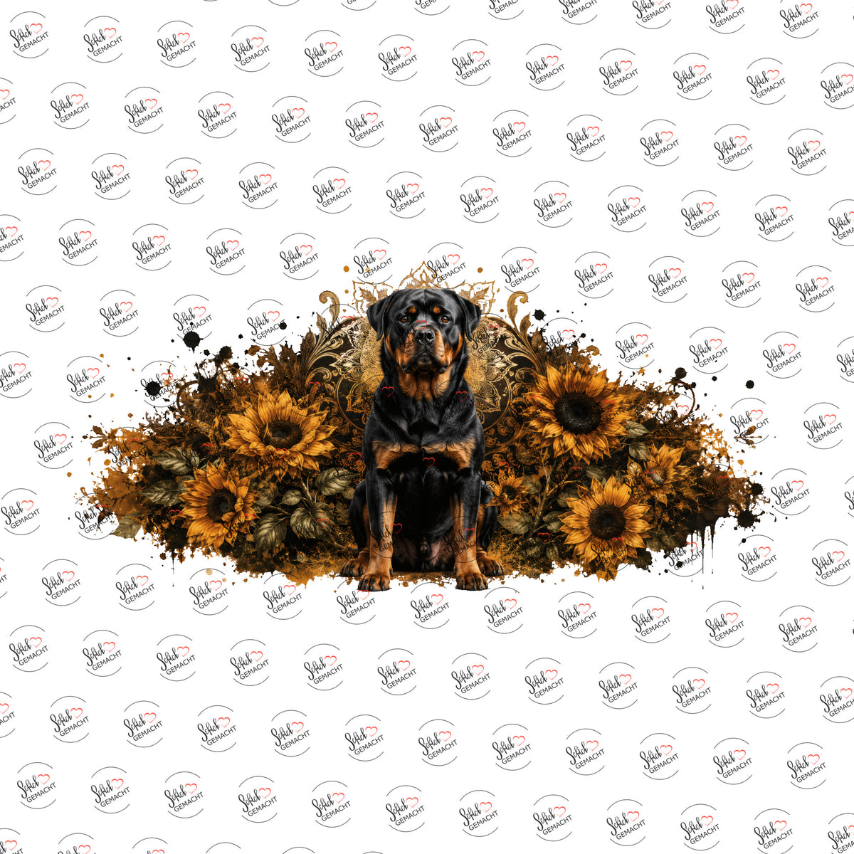 Rottweiler in Sonnenblumen als Rub-on-Sticker, einzeln