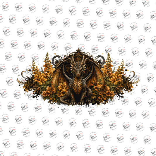 Goldener Drache in Blüten als Rub-on-Sticker, einzeln
