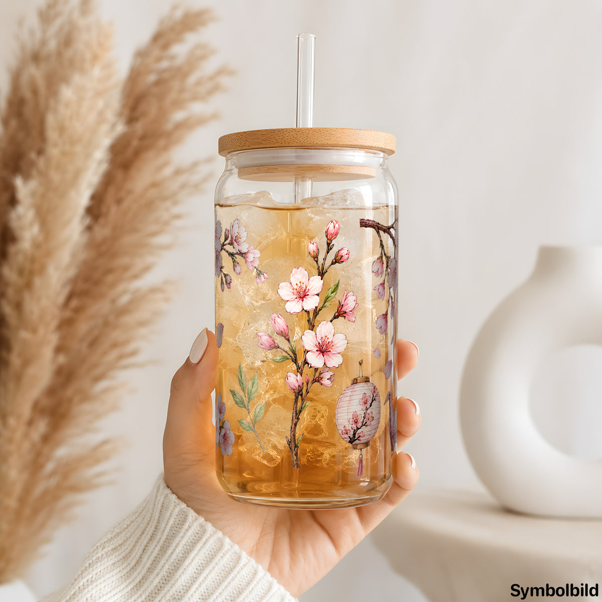 Kirschblütenzweige-Aufkleber auf einem 16oz Glasbecher