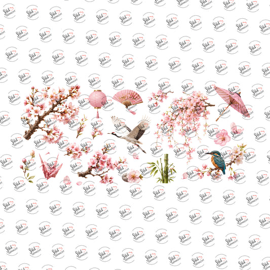 Kirschblüten mit Eisvogel als Rub-on-Sticker, einzeln