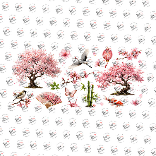 Kirschblüten und Kraniche als Rub-on-Sticker, einzeln