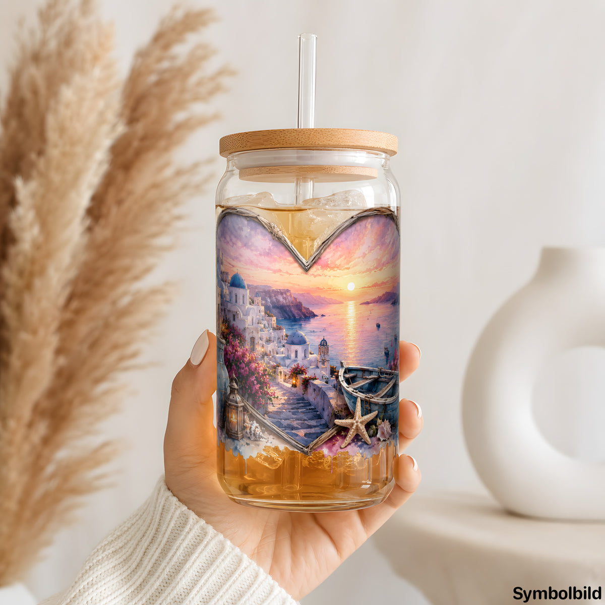 Becher-Aufkleber „Sonnenuntergang im Herzen“ auf einem 16oz Glasbecher